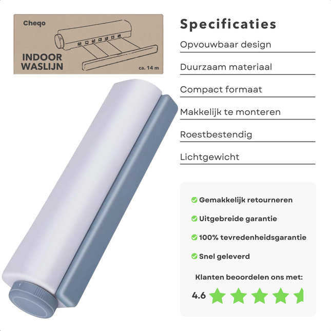 Cheqo® Uittrekbare Waslijn - Roldrooglijn - Uittrekbaar tot 14 Meter - Drooglijn - Waslijndraad - Camping Waslijn - Wandmontage - Wit/Grijs - Ruimtebesparend