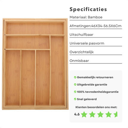 Cheqo® Verstelbare Besteklade - Flexibele Bestekorganizer -  Uitschuifbare Bestekbak - 34-56 cm - Vakindeling - Duurzaam Bamboe  - Besteklade - 5 tot 7 Vakken - Bestekcassette Bestekbakken