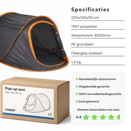 Cheqo® Pop Up Tent 2 Persoons - Pop Up Tent - Popuptent 2 Persoons - Popuptent - Campingtent 2 Persoons - Kampeertent 2 Persoons - Automatische Tent 2 Persoons - Werptent 2 Persoons - Koepeltent 2 Persoons