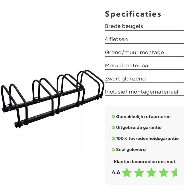 Zwart metalen Cheqo® fietsenrek voor 4 fietsen, geschikt voor wand- of vloermontage, met brede beugels en hoge klantbeoordeling.