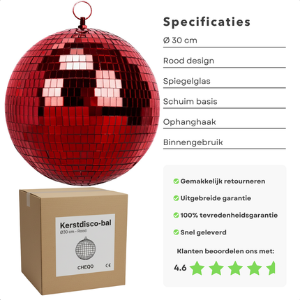 Cheqo® Kerst Discobal - Spiegelbol 30 CM - Rode Spiegelglas - Disco Bal Rood - Eenvoudig Op Te Hangen - Kerstversiering - Feestdagen Decoratie - Discobal Ornament - Spiegelglas Discobal - Kerstdecoratie