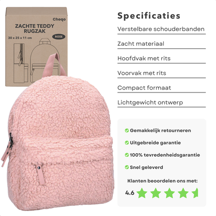 Cheqo® Luxe Kinderrugzak - Rugzak voor Kinderen - Rugtas voor Meisjes - Schooltas - Zachte Teddystof - Verstelbare Schouderbanden - Roze