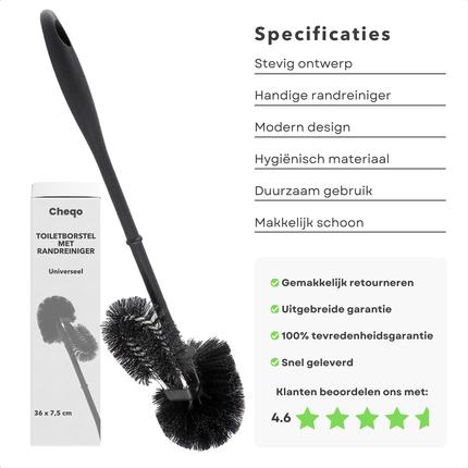 Cheqo® Luxe Toiletborstel Zwart - Randreiniger - WC Borstel - Kunststof - Hygiënisch