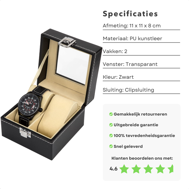 Cheqo® Horlogebox - Horlogedoos - Sieradendoos - Zwart - Luxe PU Kunstleer - Voor 2 Horloges - Met Venster