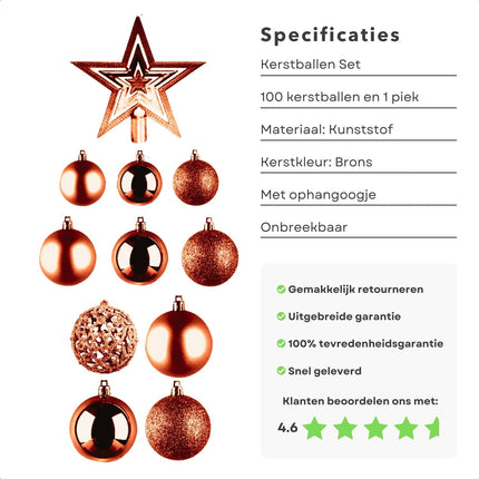 Cheqo® Luxe Bronzen Kerstballen Set - Met Piek - 101 stuks - Kunststof - Kerstboomversiering - Kerstversiering - Onbreekbaar - Verschillende Formaten & Designs - Kerstboom - Kerstballenset - Kerstdecoratie - Kerst - Christmas Kerstballen