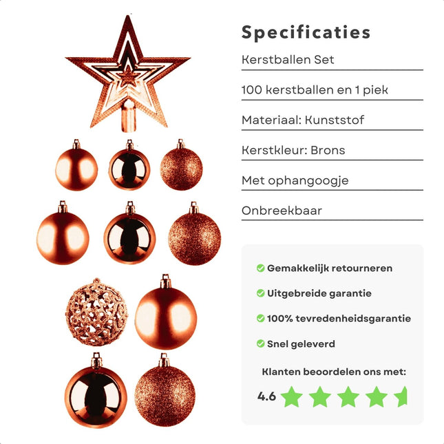 Cheqo® Luxe Bronzen Kerstballen Set - Met Piek - 101 stuks - Kunststof - Kerstboomversiering - Kerstversiering - Onbreekbaar - Verschillende Formaten & Designs - Kerstboom - Kerstballenset - Kerstdecoratie - Kerst - Christmas Kerstballen