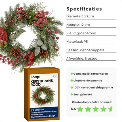 Cheqo® Kerstkrans Ø50 Cm - Rode Besjes - Bruine Dennenappels - Witte Afwerking - Licht Besneeuwd - Traditionele Kerstkleuren - Kerstdecoratie Interieur - Groene Dennennaaldjes - Eenvoudige Ophanging - Deurkrans - Rode Krans