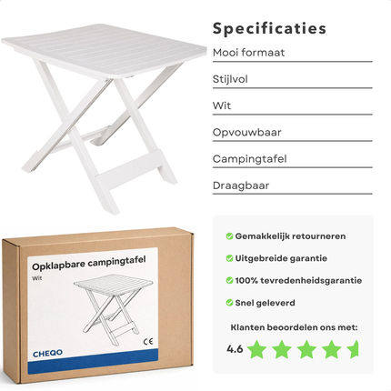 Cheqo® Campingtafel Vouwbaar - Campingtafel Inklapbaar - Campingtafel Opvouwbaar - Camping Klaptafel - Klaptafel - Vouwtafel - Inklapbare Tafel - Opvouwbare Tafel - Opklaptafel - Opklapbare Tafel - Witte Klaptafel