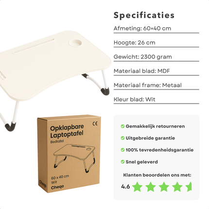 Cheqo® Opklapbare Laptoptafel - Ontbijt op Bed Tafel - Bedtafel met Tablethouder - Bank Tafeltje - Banktafel - Ontbijttafeltje - Wit