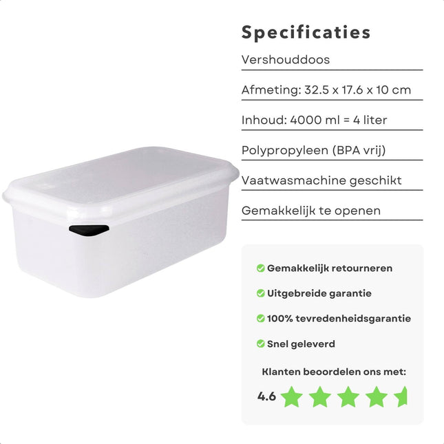 Cheqo® Transparante Vershouddoos 4 Liter - Magnetronbestendige Bewaardoos - Voedsel Bewaarcontainer - Polypropyleen Bewaarbak Vershoudbakjes