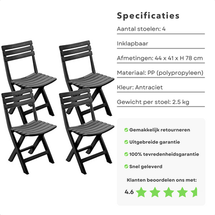 Cheqo® Set van 4 Inklapbare Tuinstoelen - Lichtgewicht Tuinstoelen voor Buiten - Comfortabele Tuinstoelen - 44 x 41 x H 78 cm - Max. Belasting 120 kg - Praktische Tuinstoelen Set - Zwart