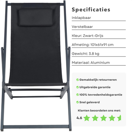 Cheqo® Luxe Ligstoel - Zwart-Grijs - Inklapbaar en Verstelbaar - Tuinligstoel met Hoofdsteun - Draagbaar - 101x61x91 cm - 3.8 KG - Voor Thuis en Onderweg - Campingstoel - Tuinstoel - Loungestoel -  Verstelbare Rugsteun Ligbedden