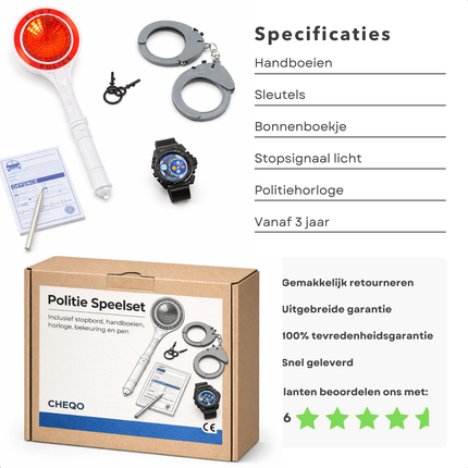 Cheqo® Politie Speelset - Politie Rollenspel Set - Politie Accessoires Speelgoed - Politie Handboeien Speelgoed - Speelgoed Handboeien met Sleutel - Politie Stopsignaal Speelgoed - Politie Horloge Speelgoed - Politie Bonnenboekje Speelgoed