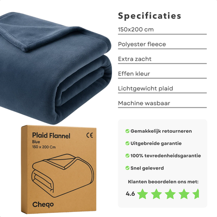 Cheqo® Fleece Deken - Plaid 150x200 cm - Superzachte Deken - Blauw Fleece Plaid - Polyester Fleece - Wasmachine Bestendig - Decoratief Laagje - Hoogwaardig Materiaal - Multifunctioneel Gebruik - Dekentje - Elegantie Aan Interieur