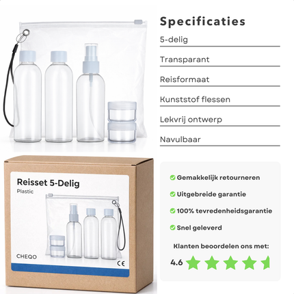 Cheqo® Reisflesjes - Reisflesjes Set - Reisset Flesjes - Reisflacons - Reisflacons Set - Reisflesjes met Etui - Reisflesjes Handbagage - Navulbare Reisflesjes - Doorzichtige Reisflesjes - Reisflesjes voor Vloeistoffen