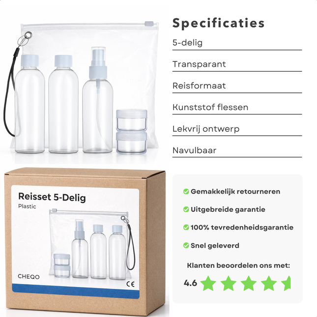 Cheqo® Reisflesjes - Reisflesjes Set - Reisset Flesjes - Reisflacons - Reisflacons Set - Reisflesjes met Etui - Reisflesjes Handbagage - Navulbare Reisflesjes - Doorzichtige Reisflesjes - Reisflesjes voor Vloeistoffen