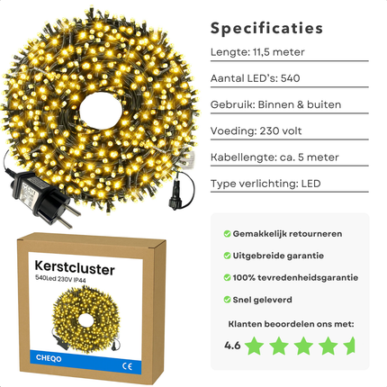Cheqo® Kerstverlichting Binnen En Buiten - 540 LED Lampjes - Warme LED Verlichting - Energiezuinige Kerstverlichting - IP44 Kerstlampjes - 11,5 Meter Lichtslinger - Feestelijke Sfeer Verlichting - Duurzame Kerstboomverlichting