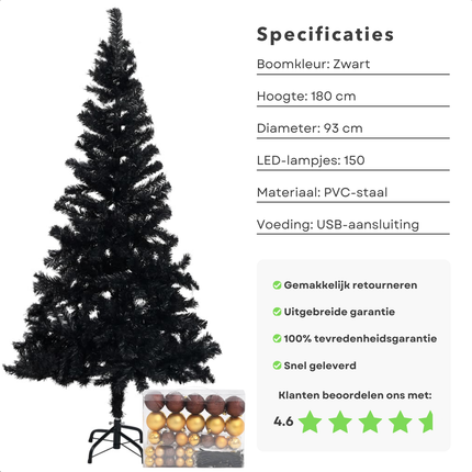 Cheqo® Zwarte Kerstboom - Kunstkerstboom 180 cm - Inclusief LED-Verlichting en Kerstballen - PVC en Staal