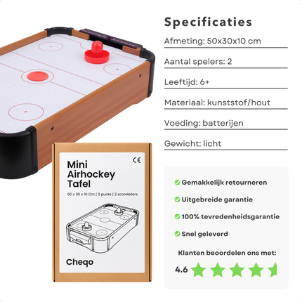 Cheqo® Mini Air Hockey Tafel - Air Hockey Set - Zwevende Puck - Ingebouwde Fan - Voor Kinderen - 2 Spelers - Scoretellers - Speelgoed Air Hockey - Air Powered - Vanaf 6 Jaar - Pucks En Discs Inbegrepen