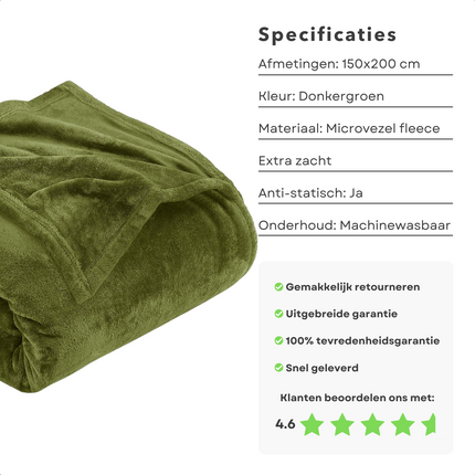Cheqo® XL Warme en Zachte Fleece Deken - 150 x 200 cm - Donkergroen - Fleece Deken - Fleece Plaid - Super Zacht - Plaid voor op de Bank - Bed - Woonkamer - Decoratie Plaid Plaids