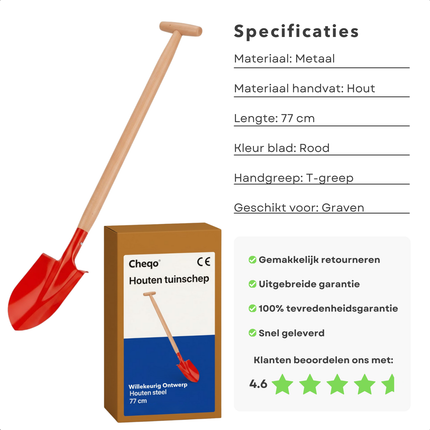 Cheqo® Metalen Schep - Houten Steel -  Tuingereedschap - Kinderschep - Tuinschep - Strandschep - Zandspeelgoed - Tuinieren - Metalen Blad - Compacte Schep - Tuinwerk - Sneeuw Schep - Zand Scheppen - Sneeuwschep