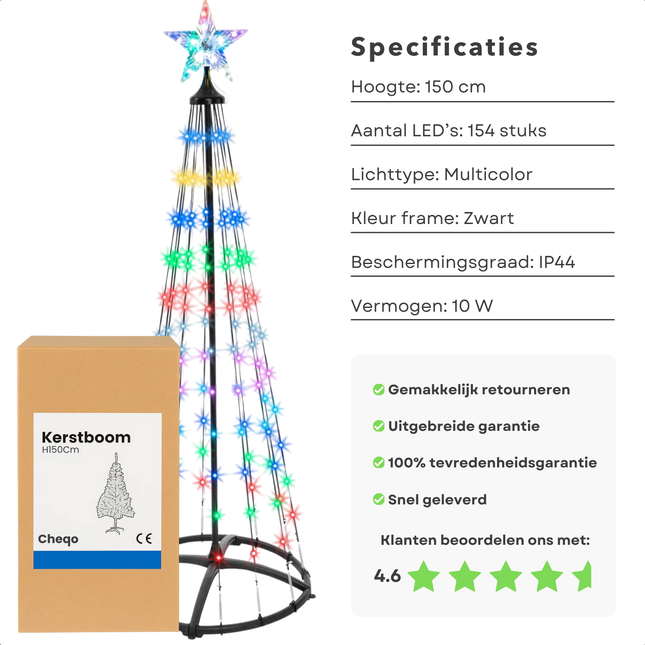 Cheqo® LED Kerstboom Buiten - Vlaggenmast Verlichting - 150 cm Hoogte - Colour Changing - Afstandsbediening - Zwart Frame - IP44 Adapter - RGB Licht - Lichtgevende Kerstboom - Verlichte Kerstboom - Lichtboom - LED Boom