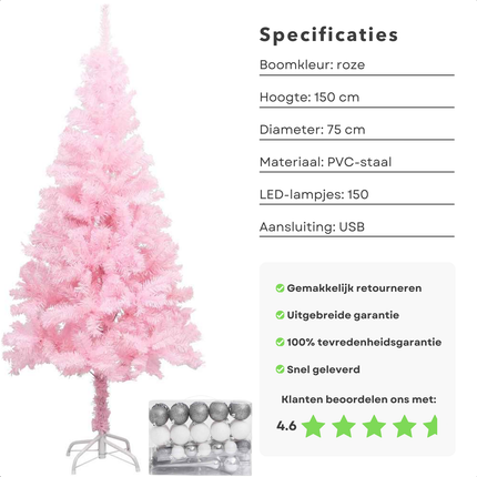 Cheqo® Roze Kerstboom - Kunstkerstboom 150 cm - Met LED-Verlichting en Kerstballen - PVC en Staal