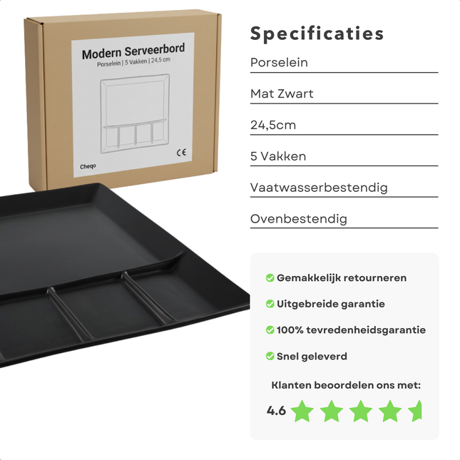 Cheqo® Mat Zwart Fonduebord - Fonduebord Porselein - Gourmetbord Met Vakken - 5-Vaks Bord - Hittebestendig Porselein - Vaatwasserbestendig Bord - Magnetronbestendig Bord - Ovenbestendig Bord - Vriezerbestendig Bord