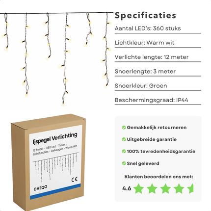 Cheqo® Ijspegel Verlichting - Ijspegelverlichting Buiten - 12 Meter - 360 LED - Warm Wit - Timer Functie - Lichtfuncties - Lichtnet - Kerstlampjes Met Geheugen - IP44 - Buiten Kerstverlichting - Verlichte Lengte
