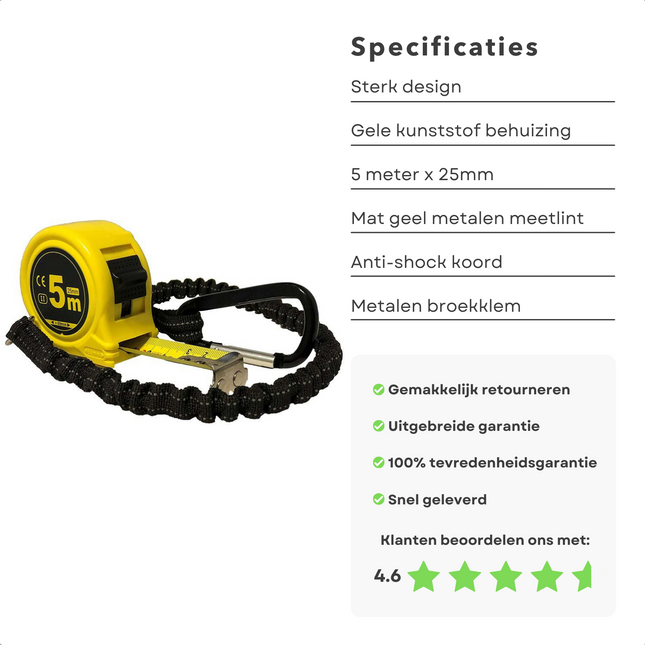Cheqo® - Robuuste Rolbandmaat - 5 meter - Anti-Shock Koord - Kunststof Behuizing - Metalen Meetlint - Magnetische Eindhaak - Meetlint - Rolmaat - Meet Gereedschap - 25mm Breed - Metalen Broekclip - Reflecterend Rolmaten