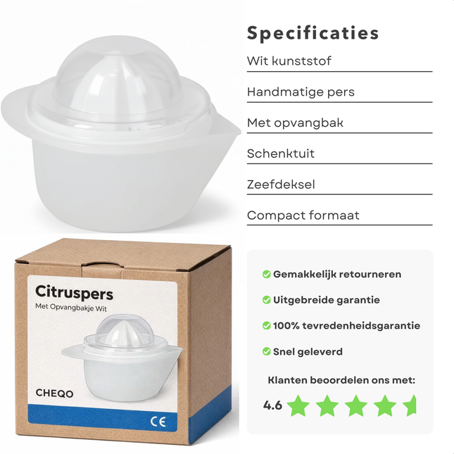 Cheqo® Citruspers - Sinaasappelpers - Citroenpers - Handmatige Citruspers - Citruspers Wit - Citruspers met Opvangbakje - Citruspers met Schenktuit - Citruspers met Zeef - Citruspers met Pittenzeef