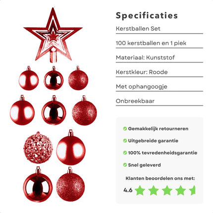 Cheqo® Luxe XL Rode Kerstballen Set - 101 Stuks - Met Piek - Onbreekbaar Kunststof - Kerstboomversiering - Kerstversiering - Verschillende Formaten & Designs - Kerstboom - Kerstdecoratie - Christmas - Met Ophangoog - Mat - Glanzend - Glitters Kerstballen