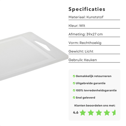 Cheqo® Snijplank Kunststof - Snij Plank - Keukenplank - Witte Keukensnijplank - Vaatwasserbestendig