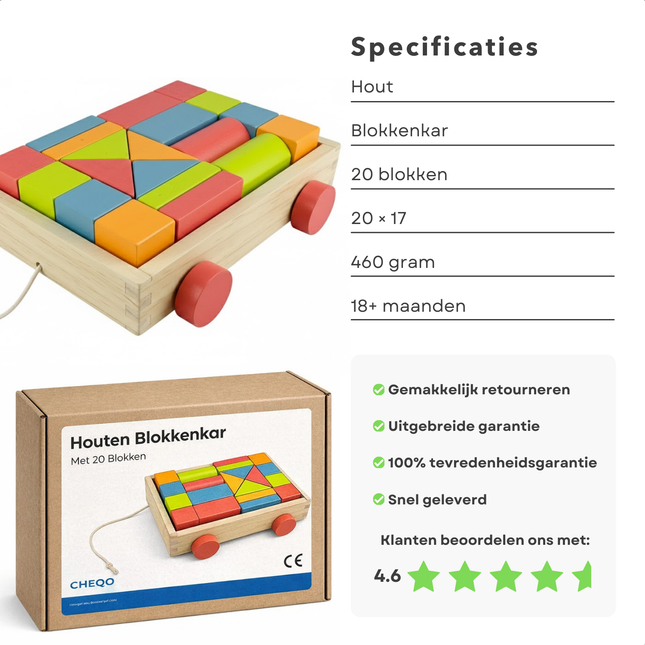 Cheqo® Houten Blokkenkar - Blokkenkar met Blokken - Blokkenkar Speelgoed - Baby Blokkenkar - Blokkenkar voor Peuter - Blokkenkar 20 Blokken