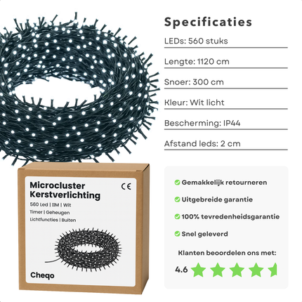 Cheqo® Microcluster Kerstverlichting - Kerstlampjes - Kerstboomverlichting - 560 LED Lampjes - 11 Meter Lichtsnoer - Koelwit Licht - Binnen en Buiten Gebruik - 8 Lichtfuncties - Lichtfuncties met Geheugen - Timer Functie - IP44 Adapter