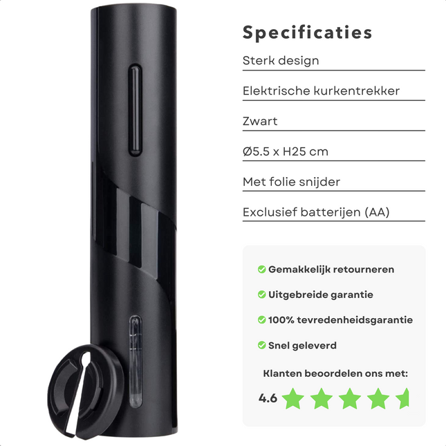 Cheqo® Elektrische Kurkentrekker - Stijlvolle en Snelle Wijnflesopener - Foliesnijder Inbegrepen - Automatische Kurkverwijdering - Werkt op Batterijen - 25 cm x 5,5 cm - Wijnopener - Wijn Accessoires - Flessenopener - Kurkentrekker - Wijnfles Opener Kurkentrekkers