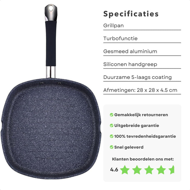 Cheqo® Inductie Grillpan - Aluminium - Krasvast - RVS Handgreep - PFOA-vrij - 28cm - Voor Alle Warmtebronnen - Bakpan - Koekenpan - Turbo Functie - Siliconen - Gelijkmatige Warmteverdeling - Lange Levensduur Grillpannen