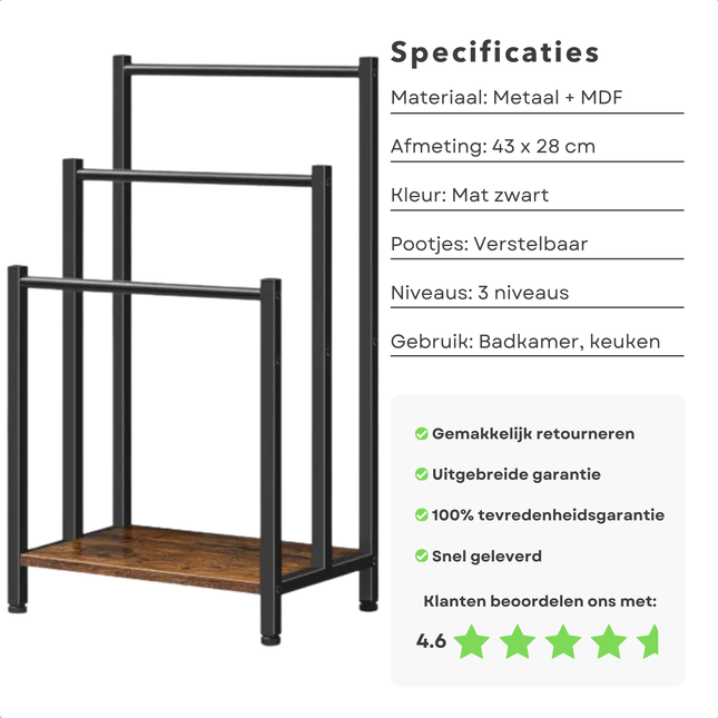 Vrijstaand handdoekrek met drie niveaus, mat zwart, metaal en MDF, geschikt voor badkamer en keuken. Specifieke details weergegeven.