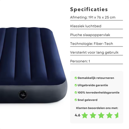 Cheqo® Luchtbed - Opblaasbaar Matras 1 Persoon - Comfortabel Single Airbed voor Camping - 191x76x25 cm - Pluche Slaapoppervlak - Ideaal voor Outdoor