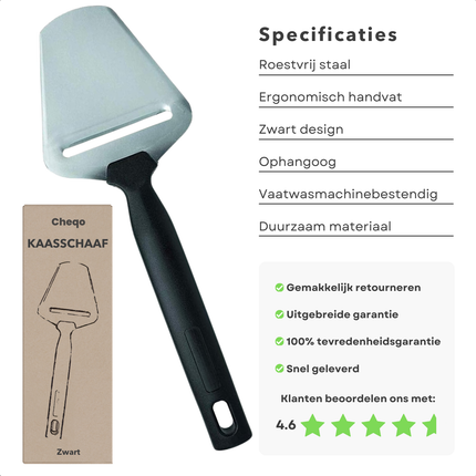 Cheqo® Kaasschaaf Zwart/RVS - Voor Jonge en Oude Kaas - Met Ophangoog - Roestvrij Staal