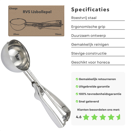 Cheqo® IJsbollepel - Ijsschep - Portioneerlepel - Oliebollenlepel - RVS - Professionele IJslepel - Roestvrij Staal Keukenhulp