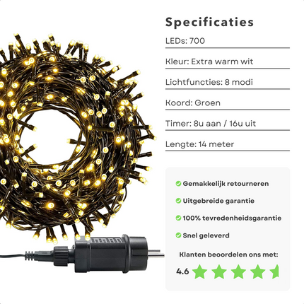 Cheqo® Kerstverlichting - Kerstboomverlichting - Kerstlampjes - Sfeerverlichting - LED Verlichting - Voor Binnen en Buiten - Tuinverlichting - Feestverlichting - Lichtsnoer - Microcluster - 700 LED's - 14M - Extra Warm Wit - Timer - 8 Lichtfuncties Kerstboomverlichting