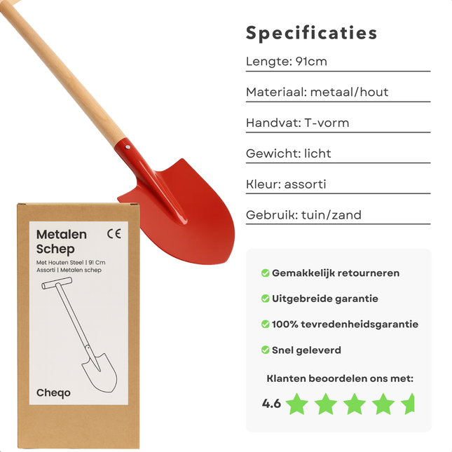 Cheqo® Metalen Schep - Houten Steel - Tuin Gereedschap - Willekeurige Kleur - Stevige Schep - Lange Steel - Tuinwerkzaamheden - Schep Voor Tuin - Duurzame Materialen - Multifunctionele Schep