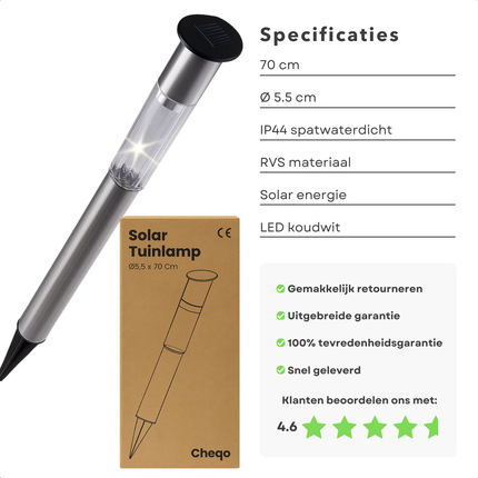 Cheqo® Solar Tuinlamp – Tuinverlichting op Zonne-Energie – LED Tuinlamp – Roestvrij Staal – Automatisch Inschakelen – Koud Wit Licht – Grondpin - Padverlichting - Tuinlamp Zonnepaneel - Zonne Energie Tuinverlichting