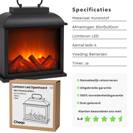 Cheqo® LED Sfeerhaard - Lantaarn Openhaard - Kunststof Frame - LED Verlichting - Timer Functie - Werkt op Batterijen - Batterij Aangedreven - Vlammeneffect - Elektrische Haard - Zwarte Lantaarn - Sfeerverlichting