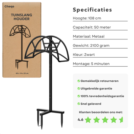 Cheqo® Tuinslanghouder Metaal - Tuinslang Standaard - Slanghouder - Staand met Grondpinnen - 50 Meter Capaciteit - Zwart