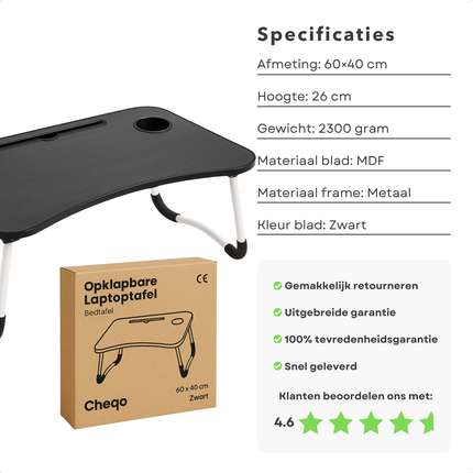 Cheqo® Opklapbare Laptoptafel - Ontbijt op Bed Tafel - Bedtafel met Tablethouder - Bank Tafeltje - Ontbijttafeltje - Banktafel - Zwart