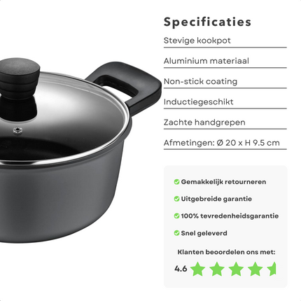 Cheqo® Inductie Aluminium Kookpan met Anti-aanbaklaag - 2.5 Liter - Geschikt voor Inductie - 20 cm Diameter - Hapjespan - Alle Warmtebronnen