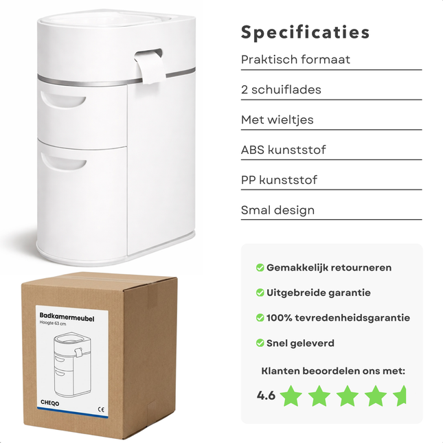 Cheqo® Smalle Badkamerkast - Hoge Badkamerkast - Badkamerkast Vrijstaand - Staande Badkamerkast - Badkamerkast Met Schuiflades - Badkamerkast Op Wieltjes - Witte Badkamerkast