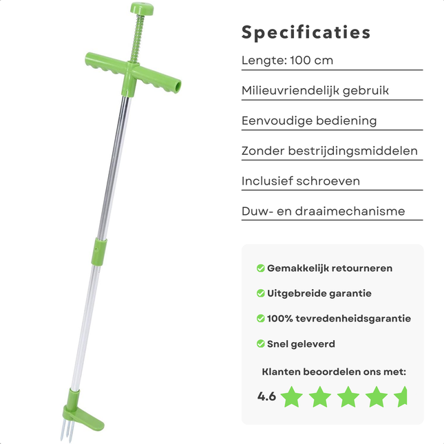 Cheqo® Onkruidtrekker - Onkruidsteker - Milieuvriendelijke Onkruidverwijderaar - 100 cm - Inclusief Schroeven